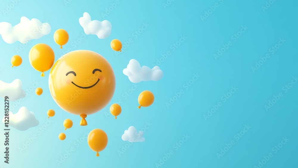 Cheerful yellow smiley face balloon floating in a bright blue sky, surrounded by smaller balloons, with open space for text placement Cheerful yellow smiley face balloon floating in a bright blue sky, surrounded by smaller balloons, with open space for text placement