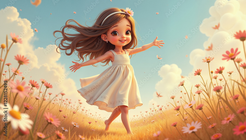 Joyful girl dancing barefoot in flower field, whimsical fantasy Joyful girl dancing barefoot in flower field, whimsical fantasy