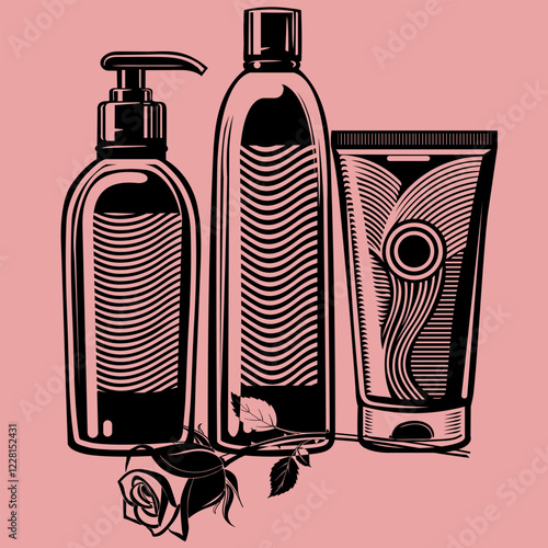 vector black and white illustration in linocut style of a hair care kit with rose