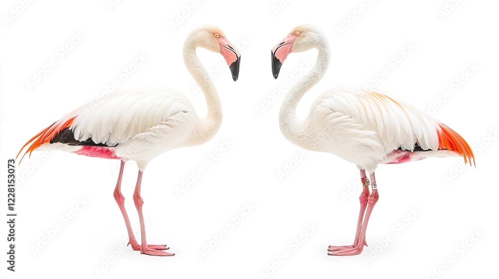Obraz premium Elegant Flamingos Isolated on White Background