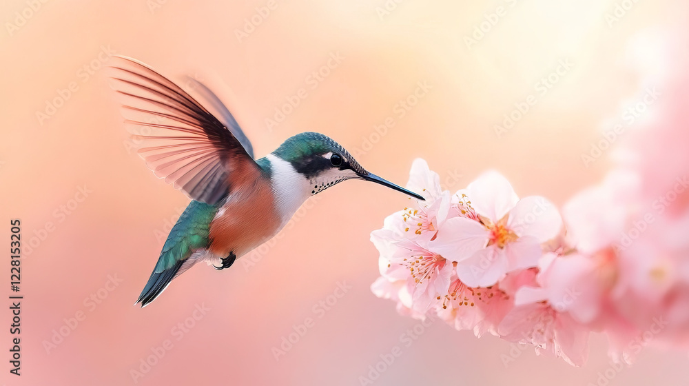 Naklejka premium A hummingbird hovering delicately over a cluster of soft pink flowers, illuminated by the gentle morning sunlight. Its wings beat rapidly