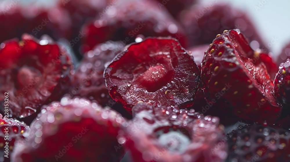 A close-up of dried strawberries placed on a white background, clearly lit A close-up of dried strawberries placed on a white background, clearly lit