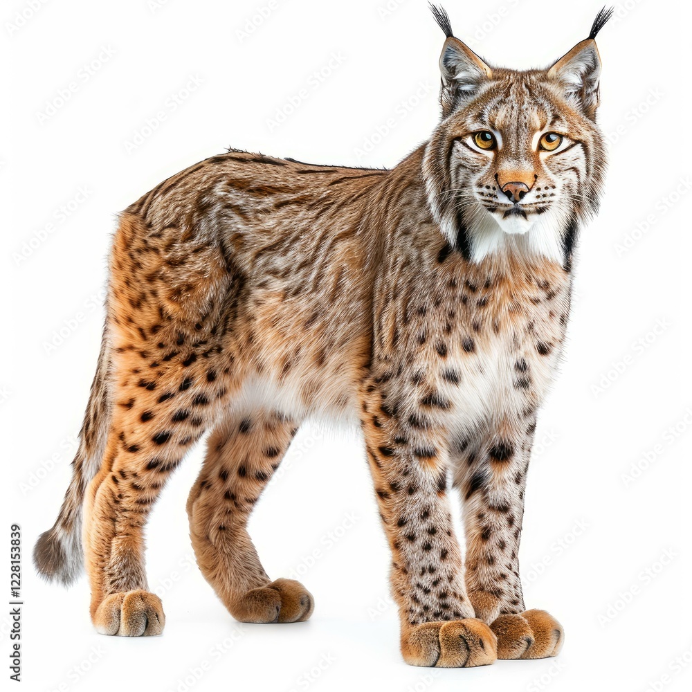 Studio shot of a beautiful eurasian lynx standing and looking forward on white background Studio shot of a beautiful eurasian lynx standing and looking forward on white background