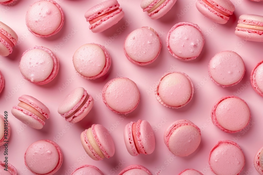 Sweet pink macarons lying on a pink surface, creating a visually appealing arrangement Sweet pink macarons lying on a pink surface, creating a visually appealing arrangement