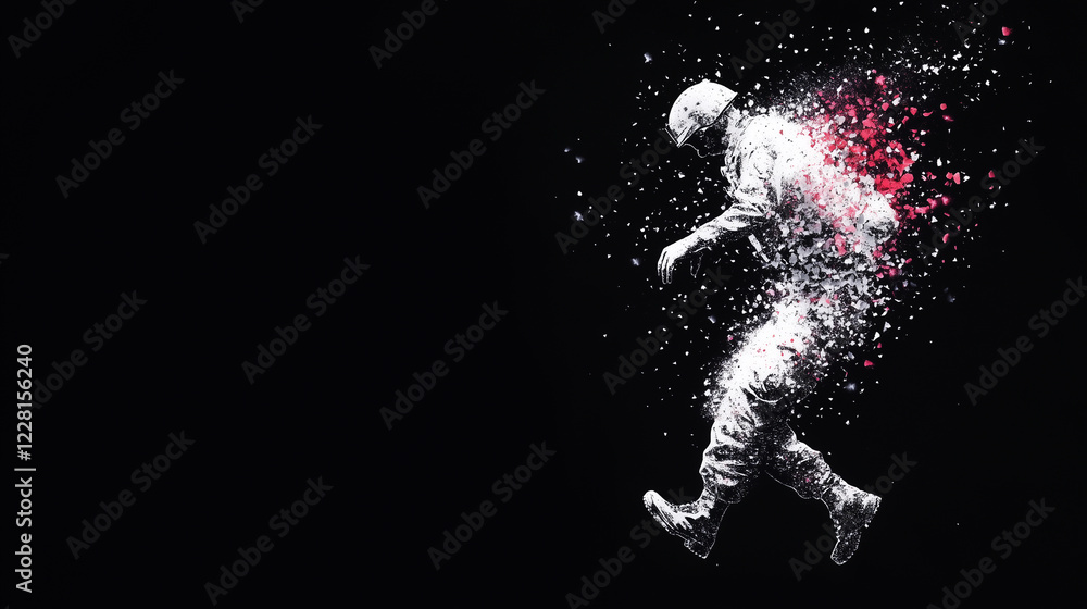 Soldier dissolving into colorful particles against a black background. The figure appears to be walking, with vibrant splashes of color emerging from the body. Soldier dissolving into colorful particles against a black background. The figure appears to be walking, with vibrant splashes of color emerging from the body.