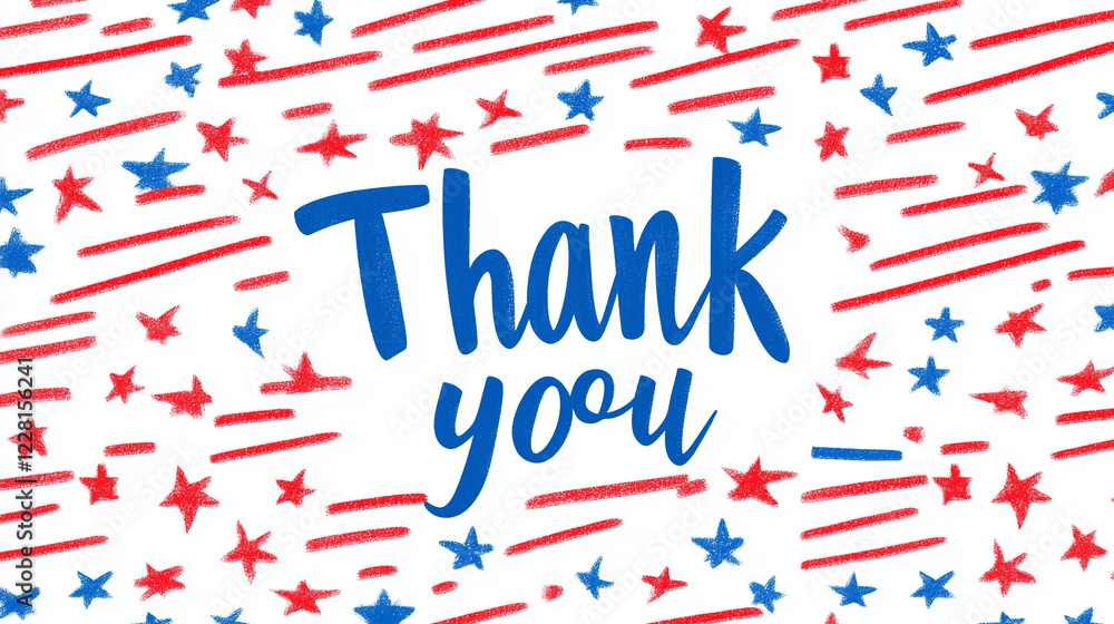 Obraz premium A colorful background featuring red and blue stars and stripes with the text 'Thank you' prominently displayed in blue.