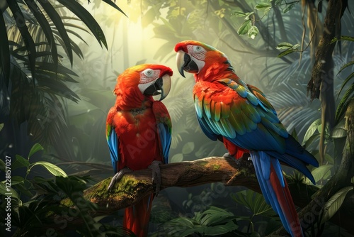 Wallpaper Mural Two vibrant scarlet macaws perched on a mossy branch amidst the lush foliage of a tropical rainforest, bathed in the warm glow of sunlight filtering through the canopy Torontodigital.ca
