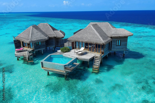 Fototapeta Naklejka Na Ścianę i Meble -  Luxury bungalow on beautiful sea. generative AI