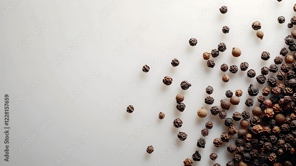A collection of whole black peppercorns on a smooth white background A collection of whole black peppercorns on a smooth white background