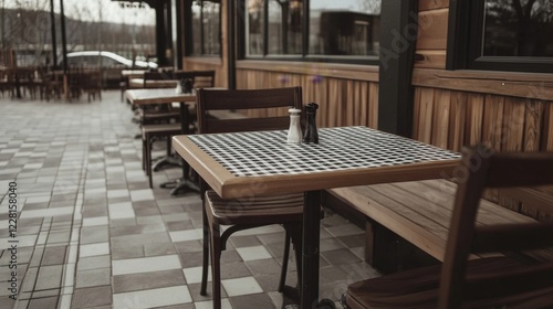 Empty outdoor cafe tables and chairs on a patio.