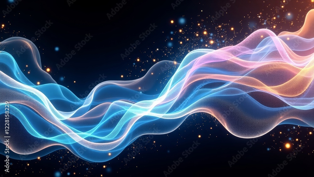 Obraz premium Abstract colorful wavy lines flowing on black background with glitter particles