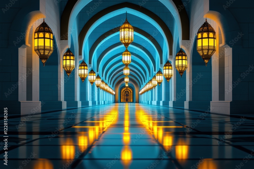 Fototapeta premium An arched entryway to a mosque is adorned with glowing lanterns and warm yellow lights, creating an inviting atmosphere for worshippers during the sacred nights of Ramadan