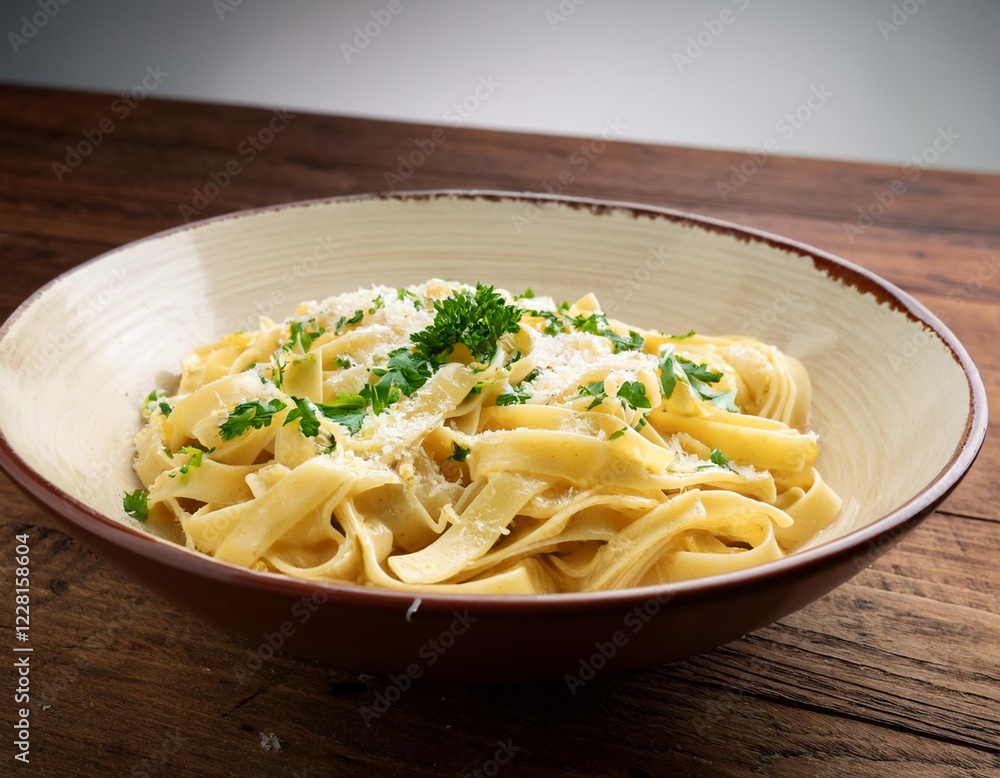 A delicious bowl of creamy pasta with fresh herbs and grated parmesan, beautifully styled on a rustic wooden table. A delicious bowl of creamy pasta with fresh herbs and grated parmesan, beautifully styled on a rustic wooden table.