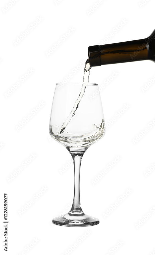 Pouring wine into glass on white background