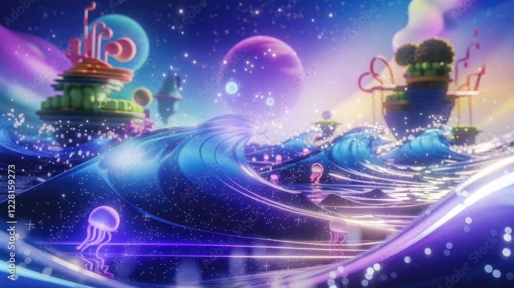 Whimsical ocean scene with glowing jellyfish, islands, and planets under a starry sky. Whimsical ocean scene with glowing jellyfish, islands, and planets under a starry sky.