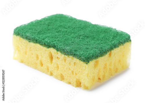 One yellow sponge isolated on white. Cleaning tool