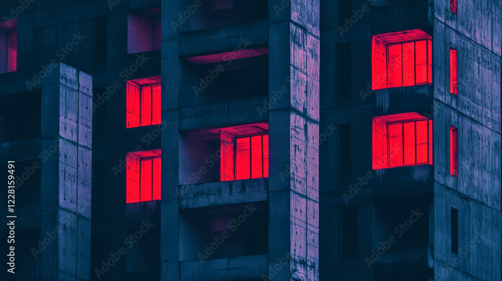Fototapeta premium Brutalist cityscape illuminated by red windows at night with deep shadows and concrete structures