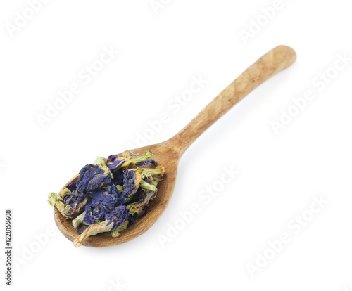 Spoon with butterfly pea flower tea isolated on white photo