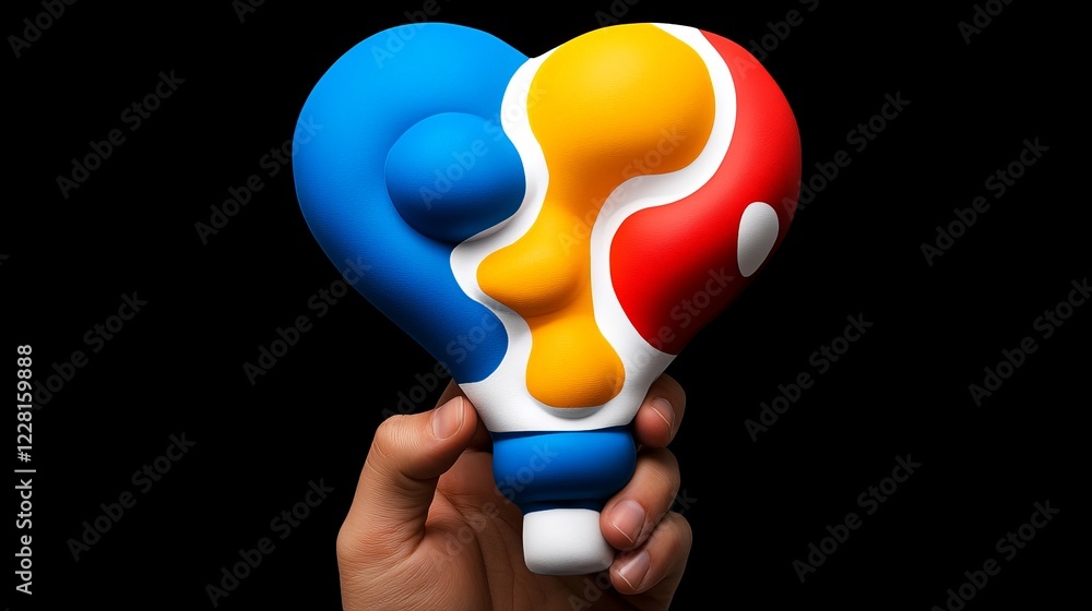 Abstract Heart Lightbulb: A hand holds a vibrant, abstract sculpture shaped like a lightbulb and a heart, with colors swirling in blue, red, yellow and white. Abstract Heart Lightbulb: A hand holds a vibrant, abstract sculpture shaped like a lightbulb and a heart, with colors swirling in blue, red, yellow and white.