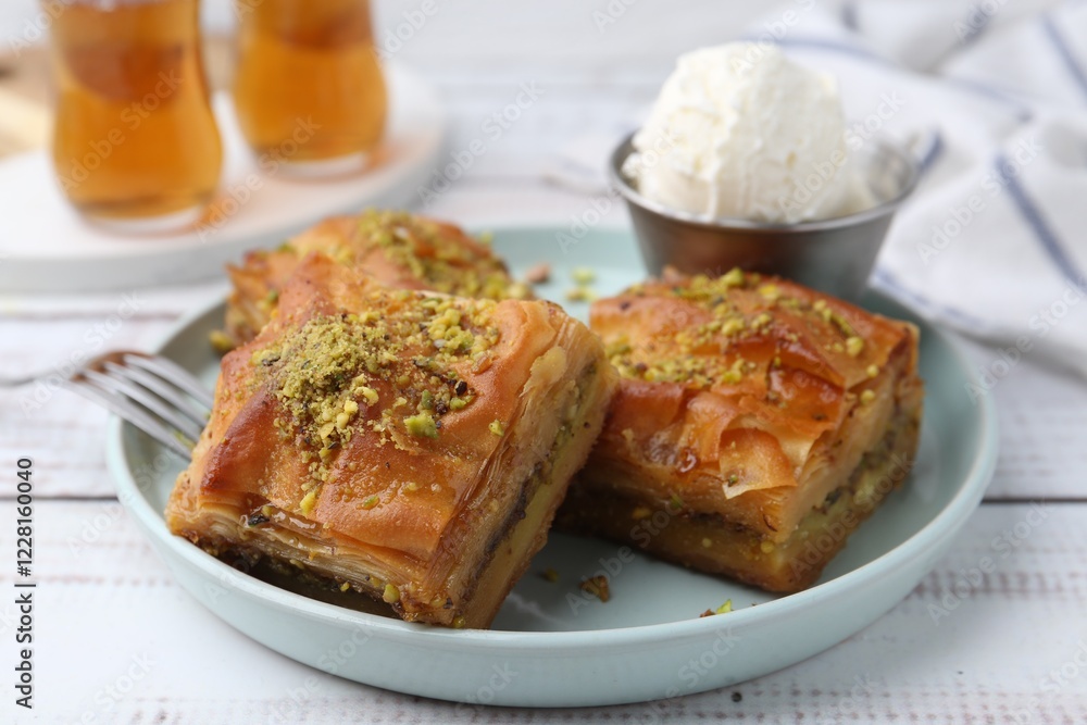 Delicious baklava with crushed nuts and ice cream on white wooden table, closeup Delicious baklava with crushed nuts and ice cream on white wooden table, closeup