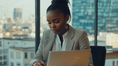 Focused businesswoman reading documents in modern office photo