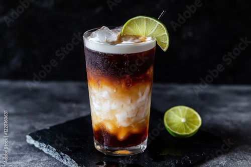 rich and indulgent dirty soda served in a tall, dark glass filled with ice, layered with flavored syrups and creamy coconut cream or half-and-half, and garnished with a slice of lime. Dark background