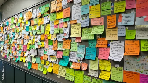 Vibrant sticky note wall filled with colorful ideas in office brainstorming session