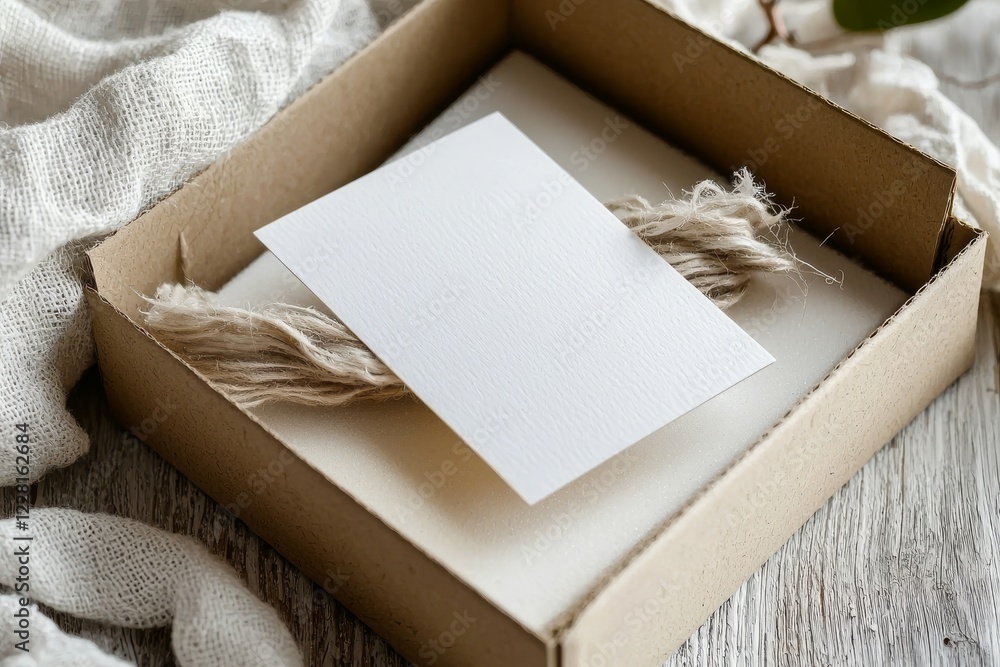 Gift box contains an empty small white card, mockup for business or shop card, thank you card Gift box contains an empty small white card, mockup for business or shop card, thank you card