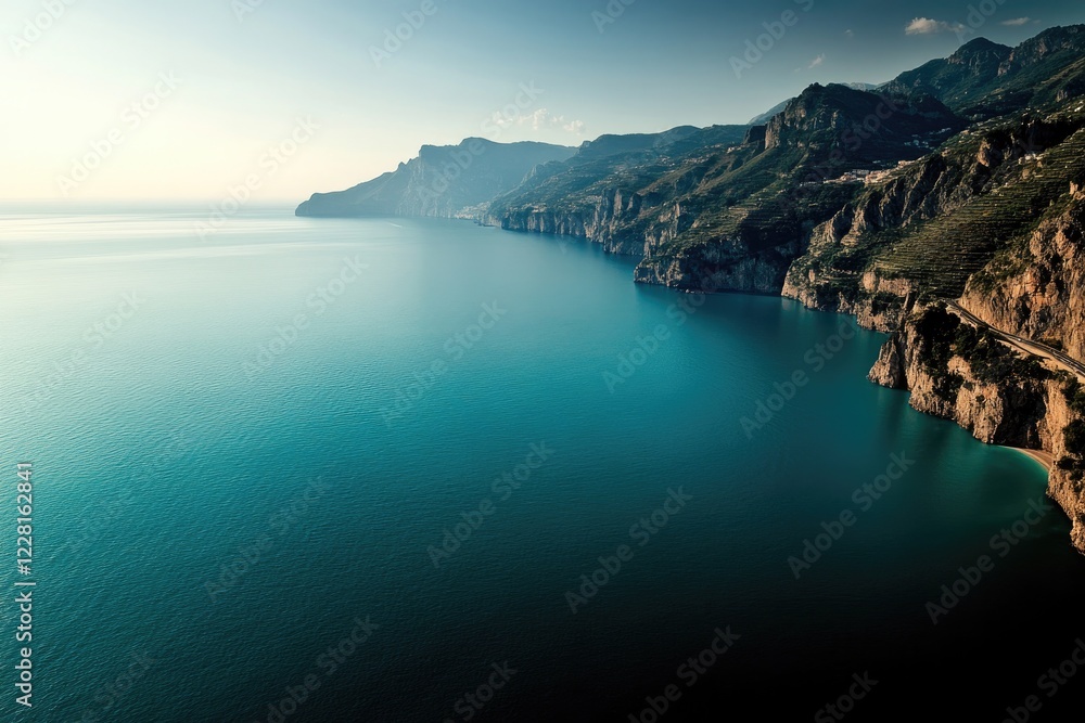 aerial orthographic view of stunning amalfi coast where dramatic cliffs plunge into shimmering turquoise sea aerial orthographic view of stunning amalfi coast where dramatic cliffs plunge into shimmering turquoise sea