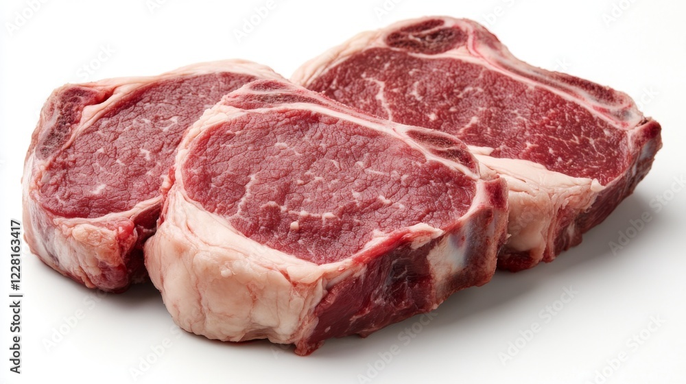 Three raw beef steaks isolated on white background. Three raw beef steaks isolated on white background.