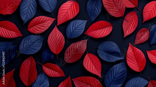 Wallpaper Mural Red and Blue Leaves Pattern: A captivating flat lay showcasing vibrant red and deep blue leaves arranged in a visually striking geometric pattern against a dark navy backdrop. Torontodigital.ca