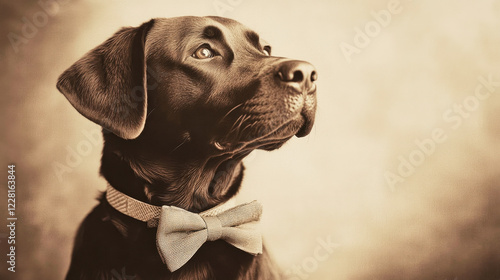 Labrador Retriever in a vintage bow tie poses with timeless elegance in a sepia tone