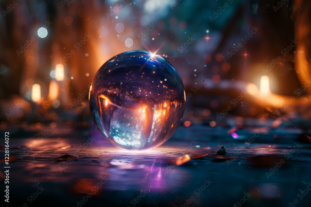 Glass sphere reflecting warm lights in magical forest creating a mystical and enchanting atmosphere Glass sphere reflecting warm lights in magical forest creating a mystical and enchanting atmosphere