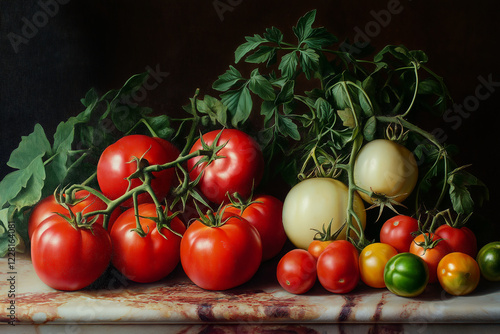 Tomato set on wooden table. generative AI