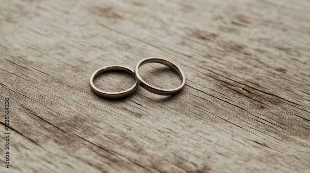 Two wedding rings rest on rustic wooden surface. Two wedding rings rest on rustic wooden surface.