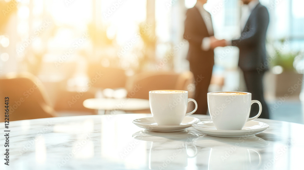 Fototapeta premium Two cappuccino cups on marble table with blurred business meeting in elegant setting