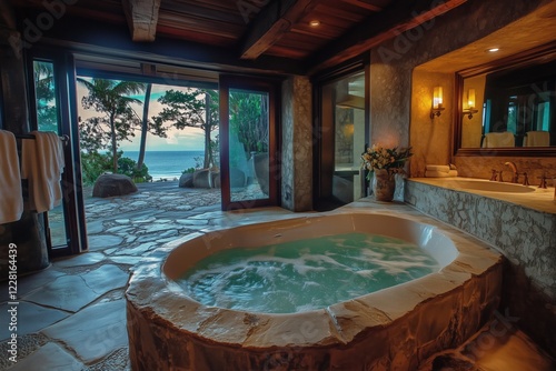 Wallpaper Mural A luxurious Coastal interior design style bathroom featuring a heart-shaped jacuzzi tub with bubbling water, surrounded by stone walls and large windows offering a stunning ocean view.  Torontodigital.ca