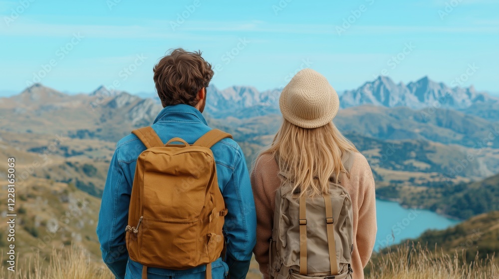 couple with backpack looking at the mountains and lake from the top of a mountain in the sun light, with a view of the mountains, walking forward
couple with backpack looking at the mountains and lake from the top of a mountain in the sun light, with a view of the mountains, walking forward