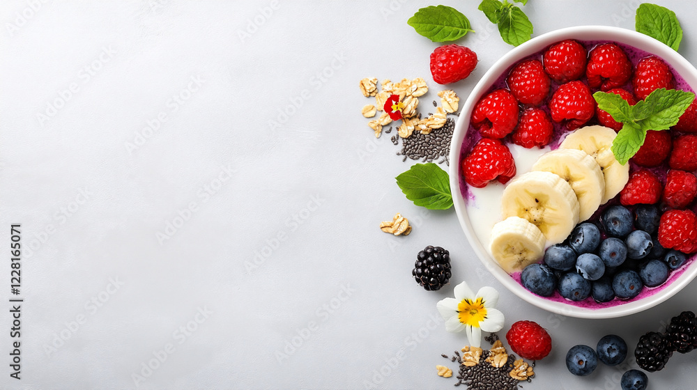 Vibrant Acai Bowl Topped With Fresh Fruits and Seeds in a Bright Setting Vibrant Acai Bowl Topped With Fresh Fruits and Seeds in a Bright Setting