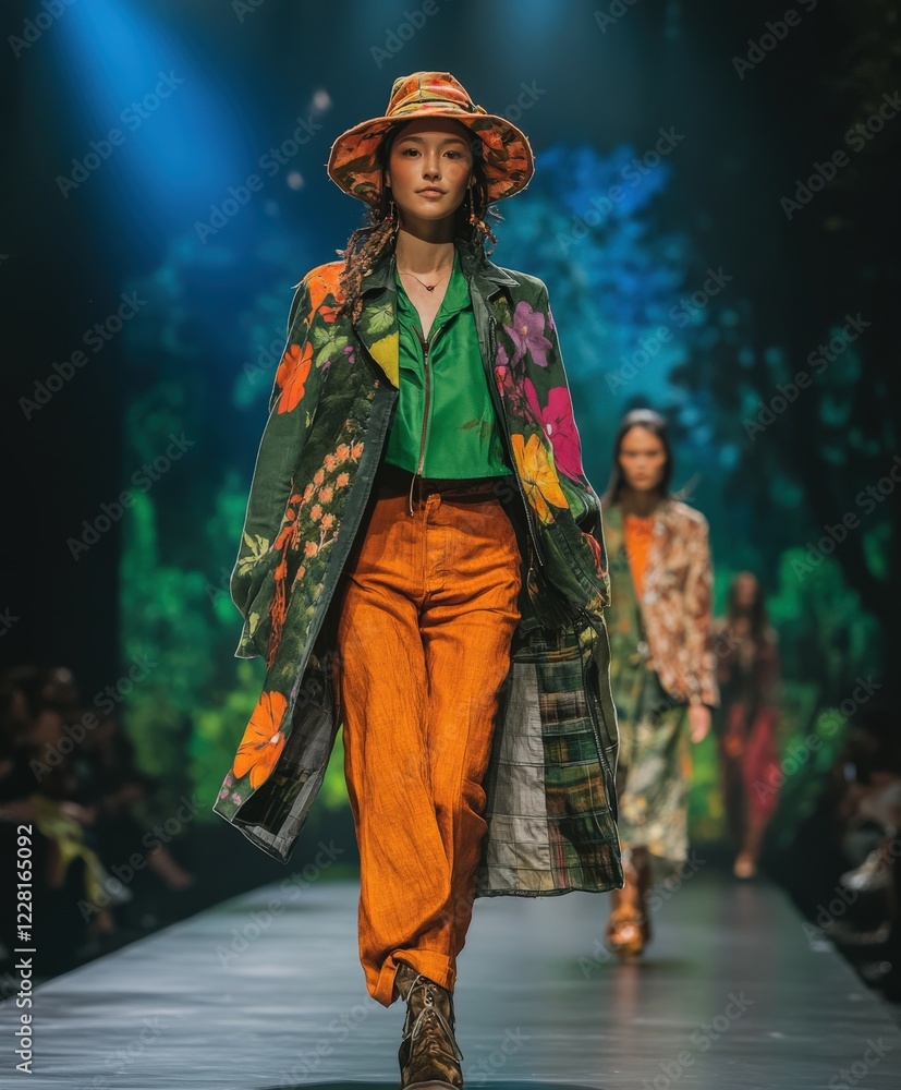 Fototapeta premium Colorful floral fashions showcased on vibrant runway
