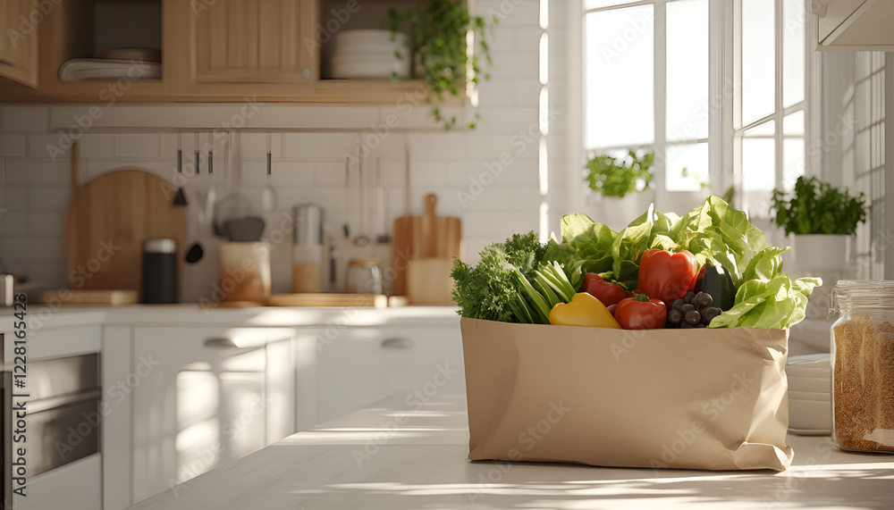Paper bag full of food on table in modern kitchen interior with copy space Paper bag full of food on table in modern kitchen interior with copy space