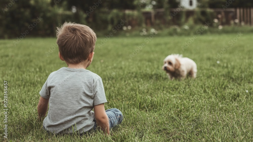 Young boy sitting on grass, watching small dog.