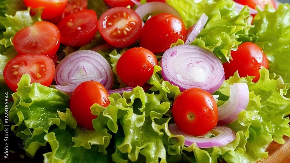 Fresh and healthy salad with lettuce, tomatoes, and onions served on a wooden plate, perfect for a light and refreshing meal Fresh and healthy salad with lettuce, tomatoes, and onions served on a wooden plate, perfect for a light and refreshing meal
