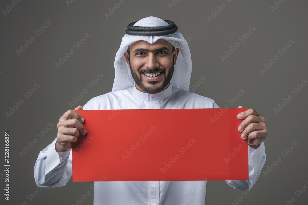 Happy Arab man in traditional clothes holding blank sign Happy Arab man in traditional clothes holding blank sign