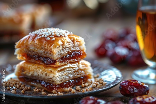 Dates  rosaries and baklava. Ramadan Selective focus nature