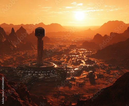 Mars colony at sunset with advanced structures photo