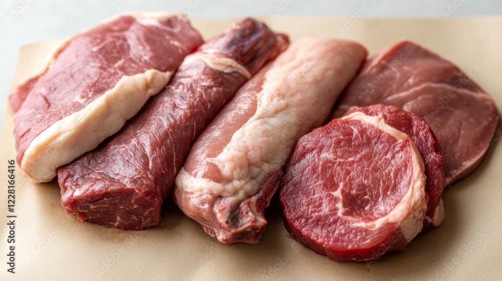 Assortment of raw beef cuts on butcher paper. Assortment of raw beef cuts on butcher paper.
