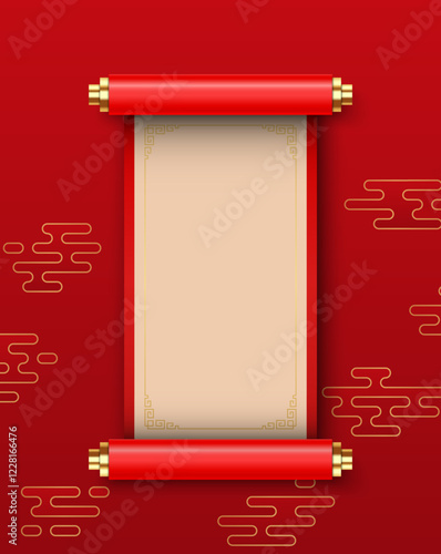 3D Chinese scroll, banner kit, red vector festive royal asian game UI traditional design element. Luxury celebration China background, spring floral print, silk banner. vector illustration