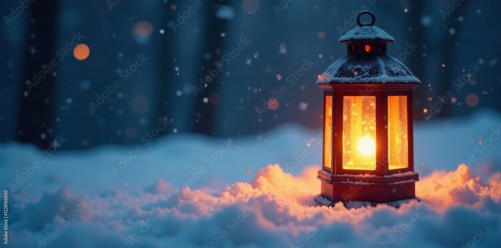 Softly glowing lantern casts warm light on snowflakes, gentle, ambient, snow Softly glowing lantern casts warm light on snowflakes, gentle, ambient, snow