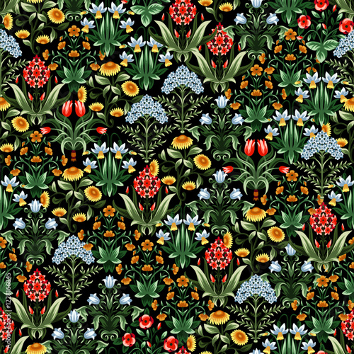 Ditsy seamless pattern with symmetrical flowers. Vector.